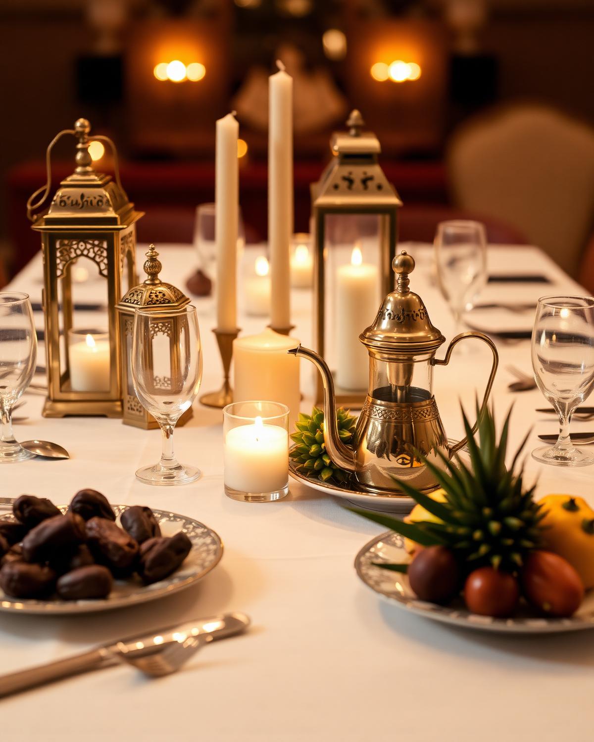 An elegant halal table setting with brass lanterns, candles, and dates