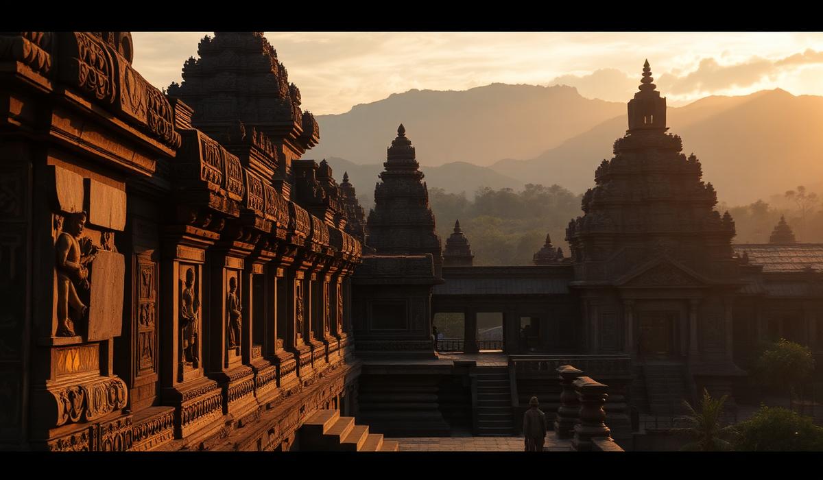 Ancient Sri Lankan temple architecture at golden hour