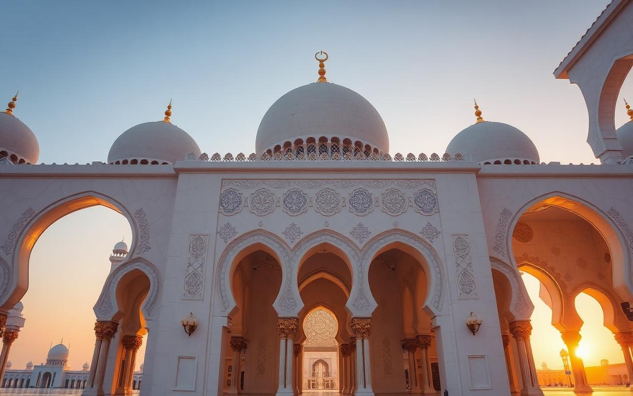 Serene mosque at golden hour — Hajj & Highland combination tour