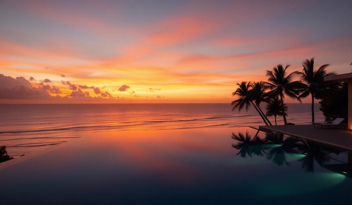Luxury infinity pool villa at dusk overlooking the Indian Ocean